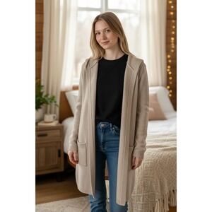 ZENANA Beige Knit Hooded Long Cardigan Sweater Womens Size Small